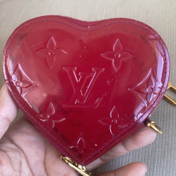 Louis Vuitton Red Vernis heart coin purse.